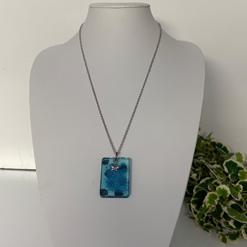 Handcrafted Blue Resin Pendant Necklace Silver Tone Butterfly Charm 25 in Chain